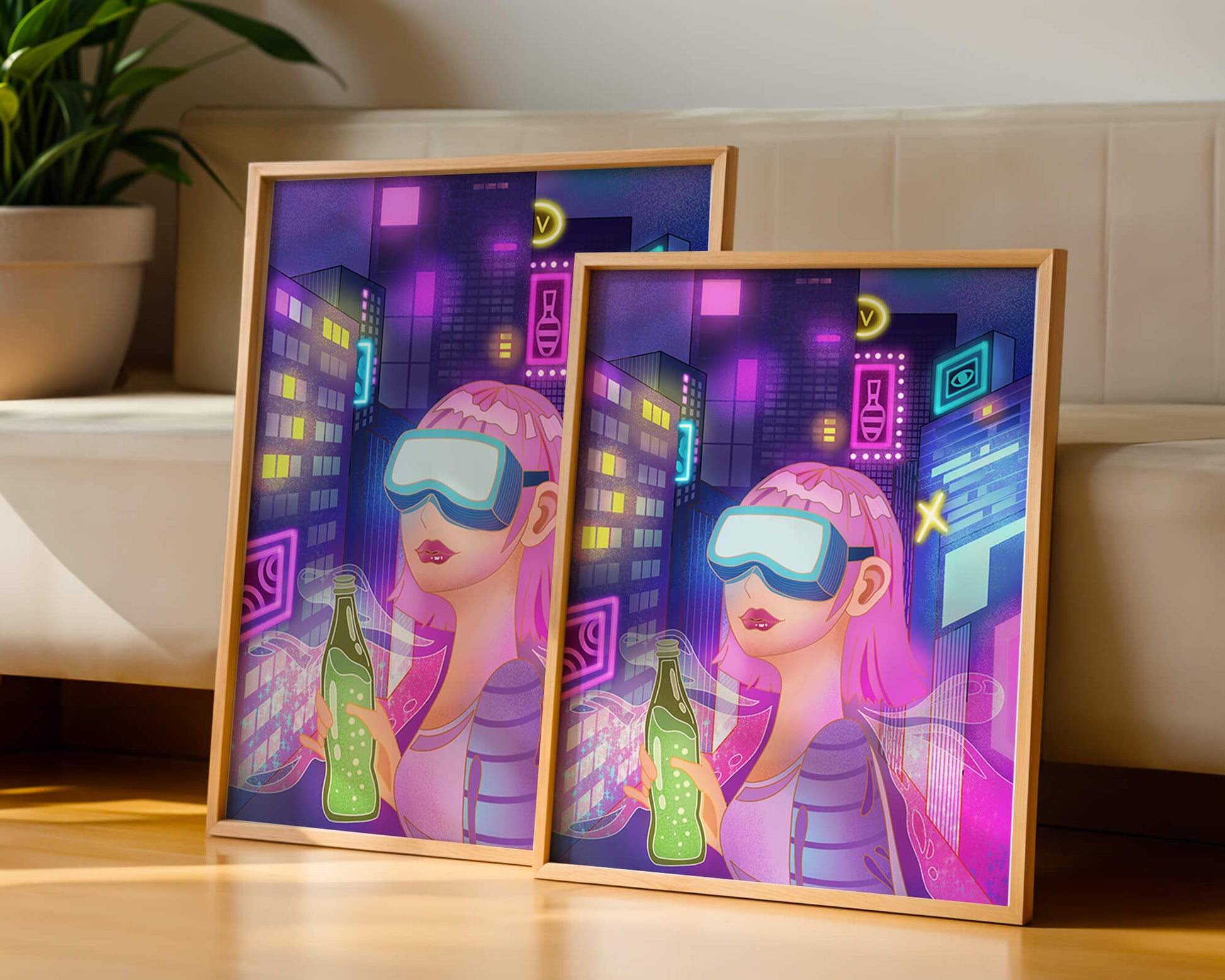 Futuristic urban scene with neon lights and virtual reality elements