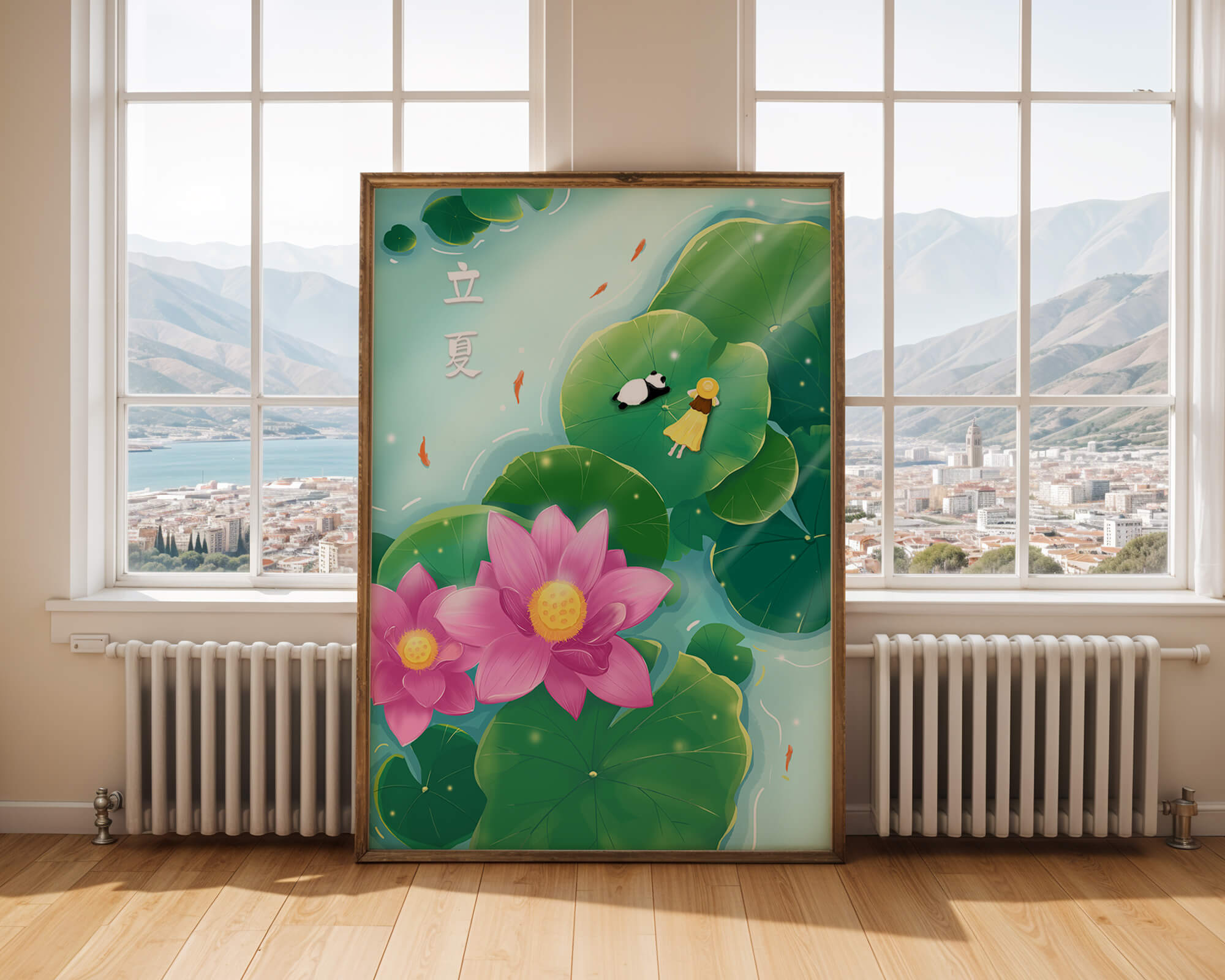 Girl and Panda Relaxing on Lily Pads with Pink Lotus and Goldfish