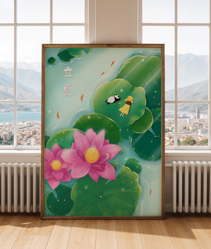 Girl and Panda Relaxing on Lily Pads with Pink Lotus and Goldfish