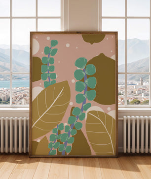 Diseño botánico abstracto con hojas verdes y doradas.