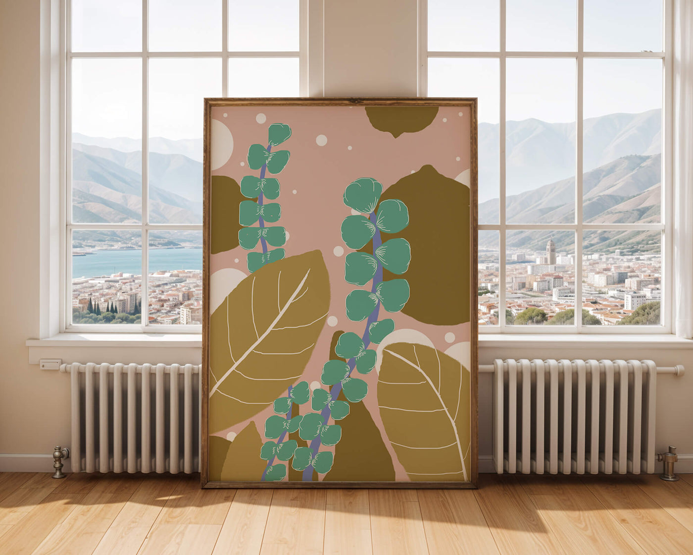 Abstract botanical design with green and golden leaves