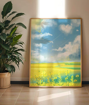 Sunny Meadow with Yellow Flowers and Blue Sky Scenic Art