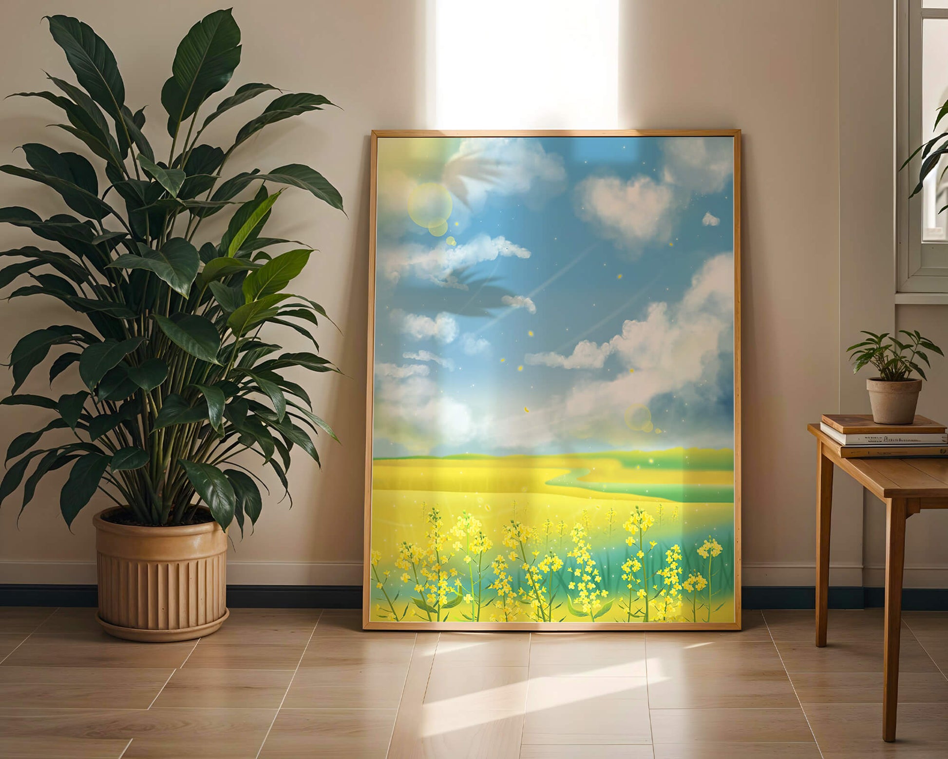 Sunny Meadow with Yellow Flowers and Blue Sky Scenic Art