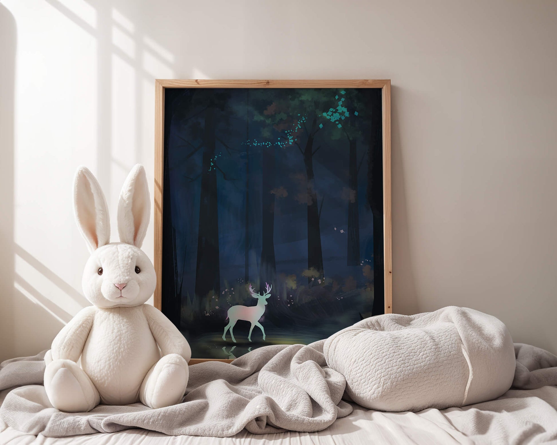 Escena de bosque encantado con un ciervo brillante y luces azules místicas