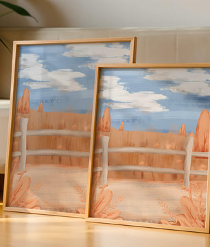 Paisaje otoñal sereno con cerca de madera y cielo azul