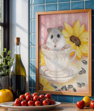Hámster adorable en una taza de té con girasoles y semillas