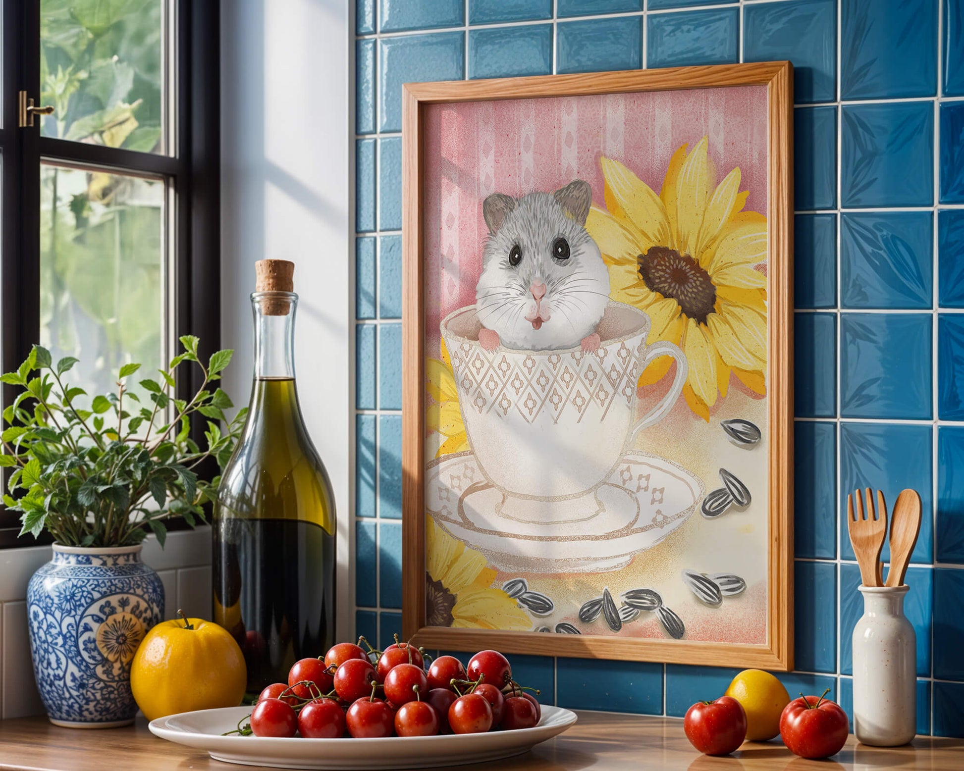 Adorable hamster in teacup with sunflowers and seeds