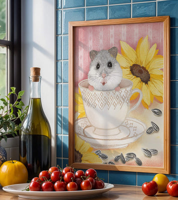Adorable hamster in teacup with sunflowers and seeds
