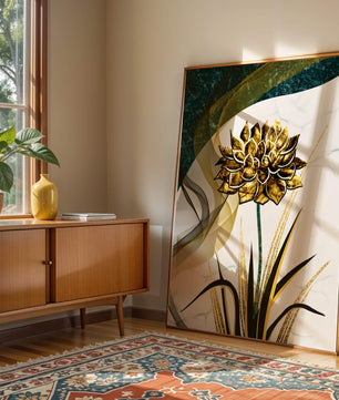 Golden flower artwork with abstract background for contemporary decor