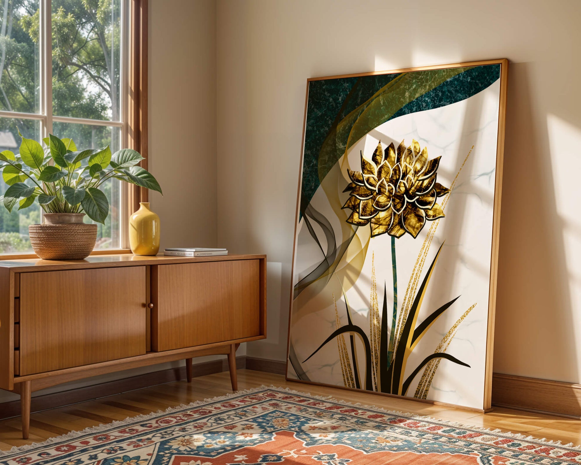Golden flower artwork with abstract background for contemporary decor