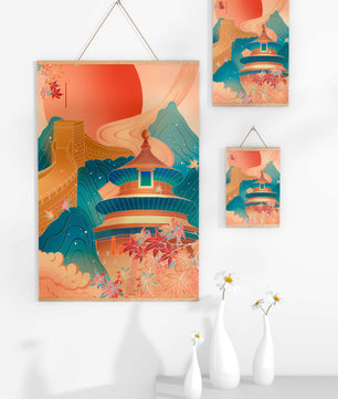 Illustration of Chinese architecture with the Great Wall and nature elements
