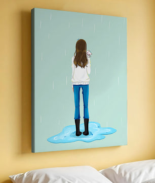 Joven mujer con gato bajo la lluvia