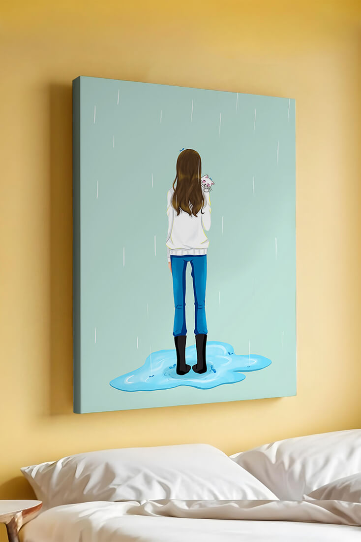 Young woman with cat in the rain