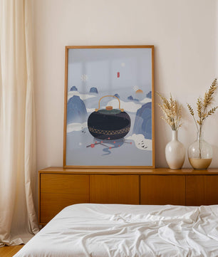 Peaceful winter landscape with kettle and cherry blossoms