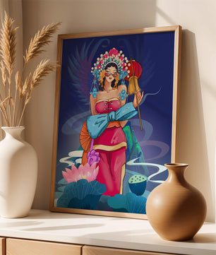 Colorful illustration of a woman in traditional attire with floral headdress