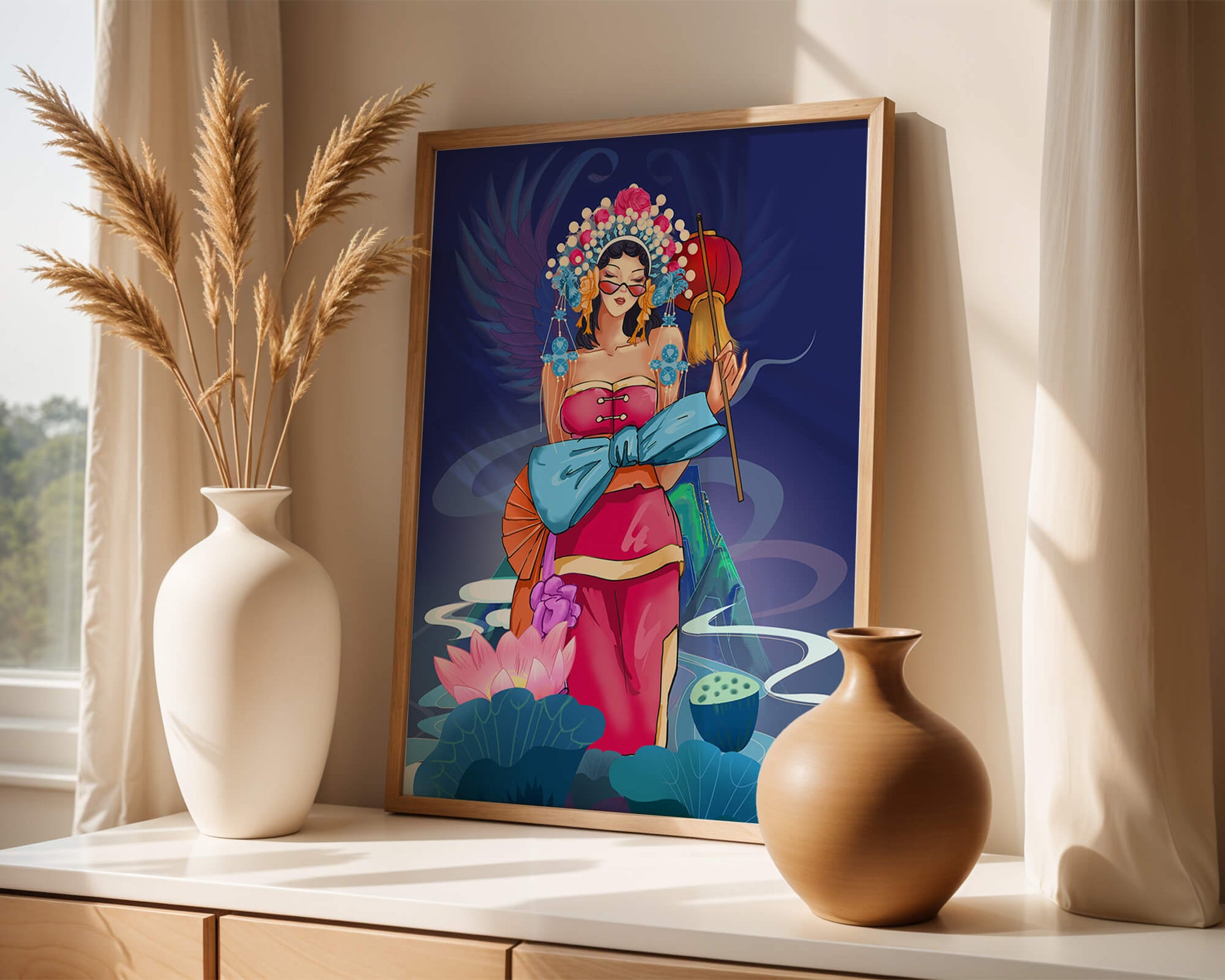 Colorful illustration of a woman in traditional attire with floral headdress