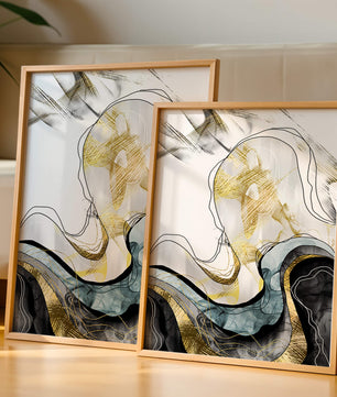 Arte abstracto con líneas fluidas y detalles dorados
