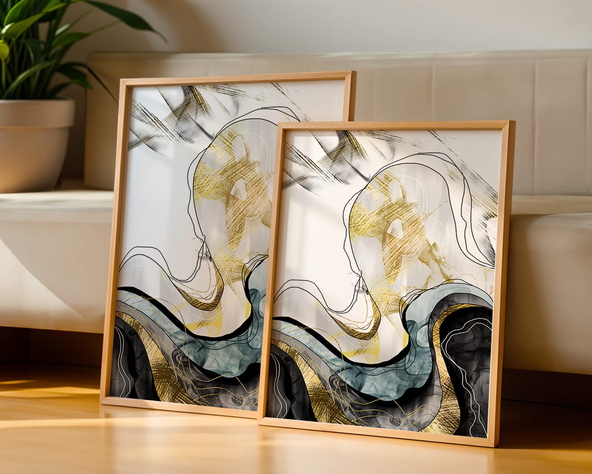 Arte abstracto con líneas fluidas y detalles dorados