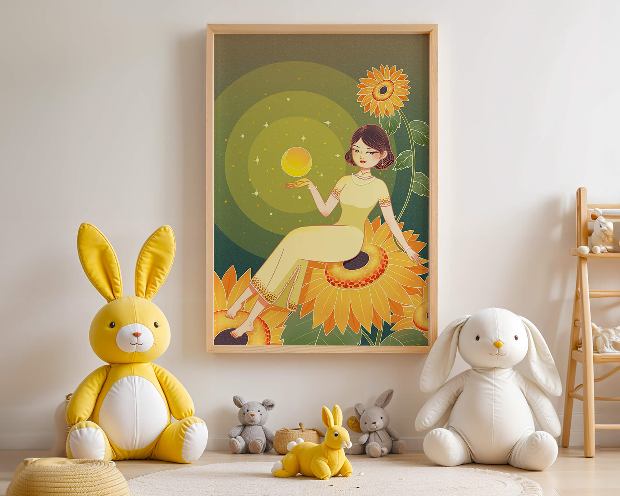 Elegant illustration of a woman on sunflowers with glowing orb