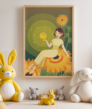 Elegant illustration of a woman on sunflowers with glowing orb