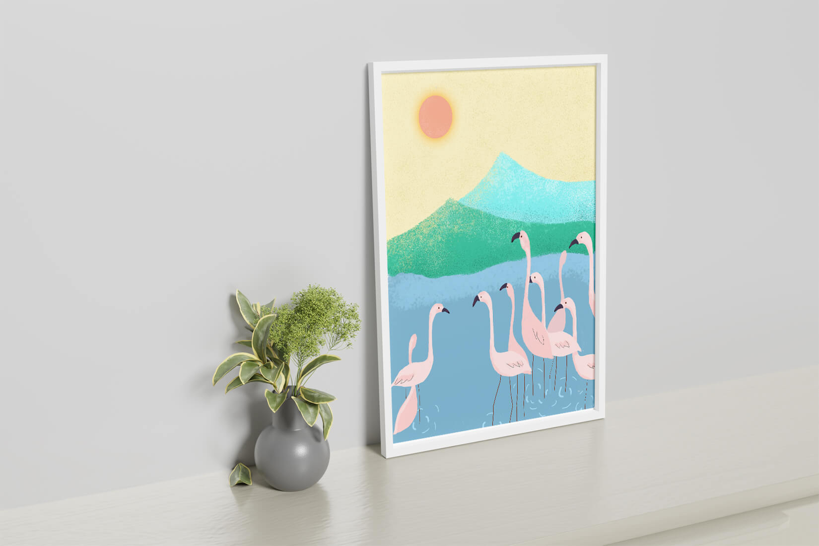 Friedliche Szene mit Flamingos in einer ruhigen Landschaft mit Bergen und Sonnenuntergang