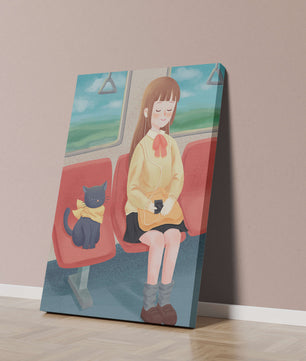 Viaje en tren tranquilo con una chica y su gato ilustrado