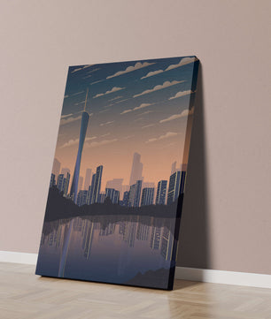 Skyline der Stadt bei Sonnenuntergang mit futuristischem Touch und Wasserspiegelung