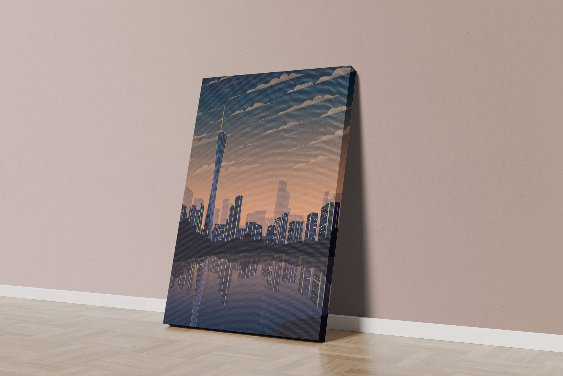Skyline der Stadt bei Sonnenuntergang mit futuristischem Touch und Wasserspiegelung
