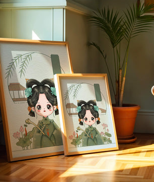 Charming illustration of a cute character in traditional Asian attire with floral elements