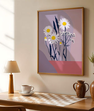 Illustrative floral artwork with daisies and abstract background
