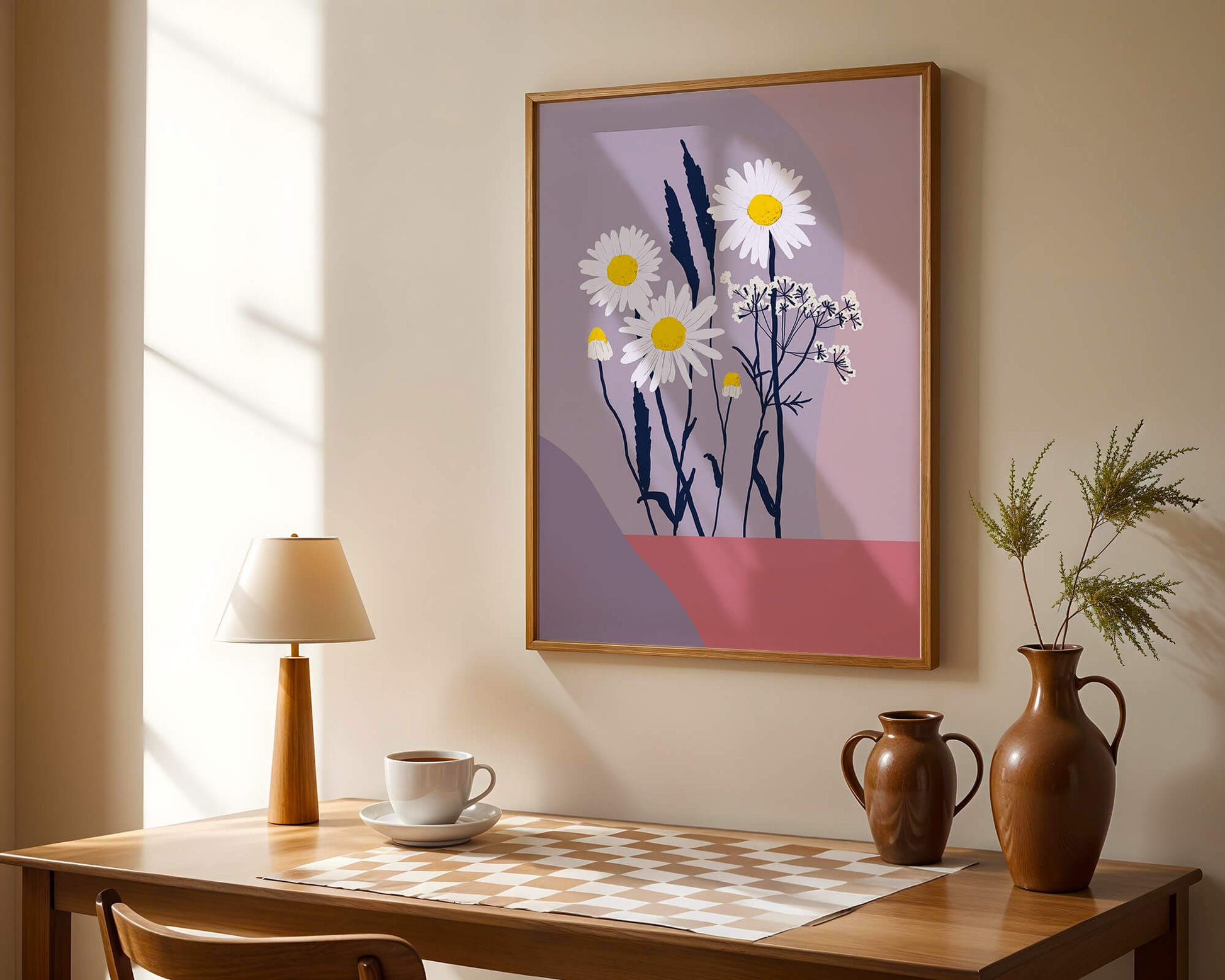 Illustrative floral artwork with daisies and abstract background