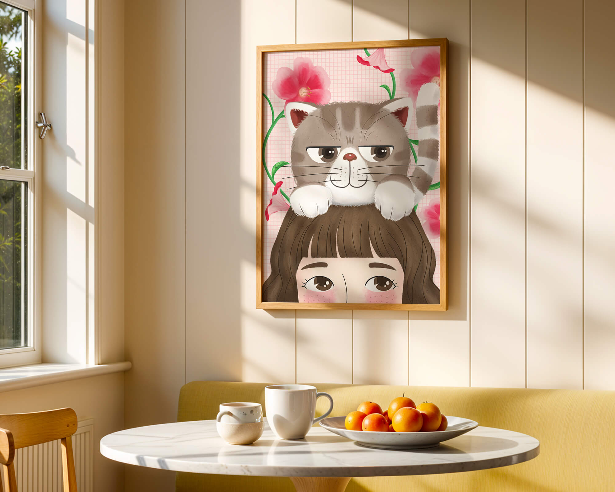 Illustration of a cat sitting on a person's head with pink flowers