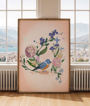 Delightful illustration of a bird amidst colorful flowers on a soft pink background