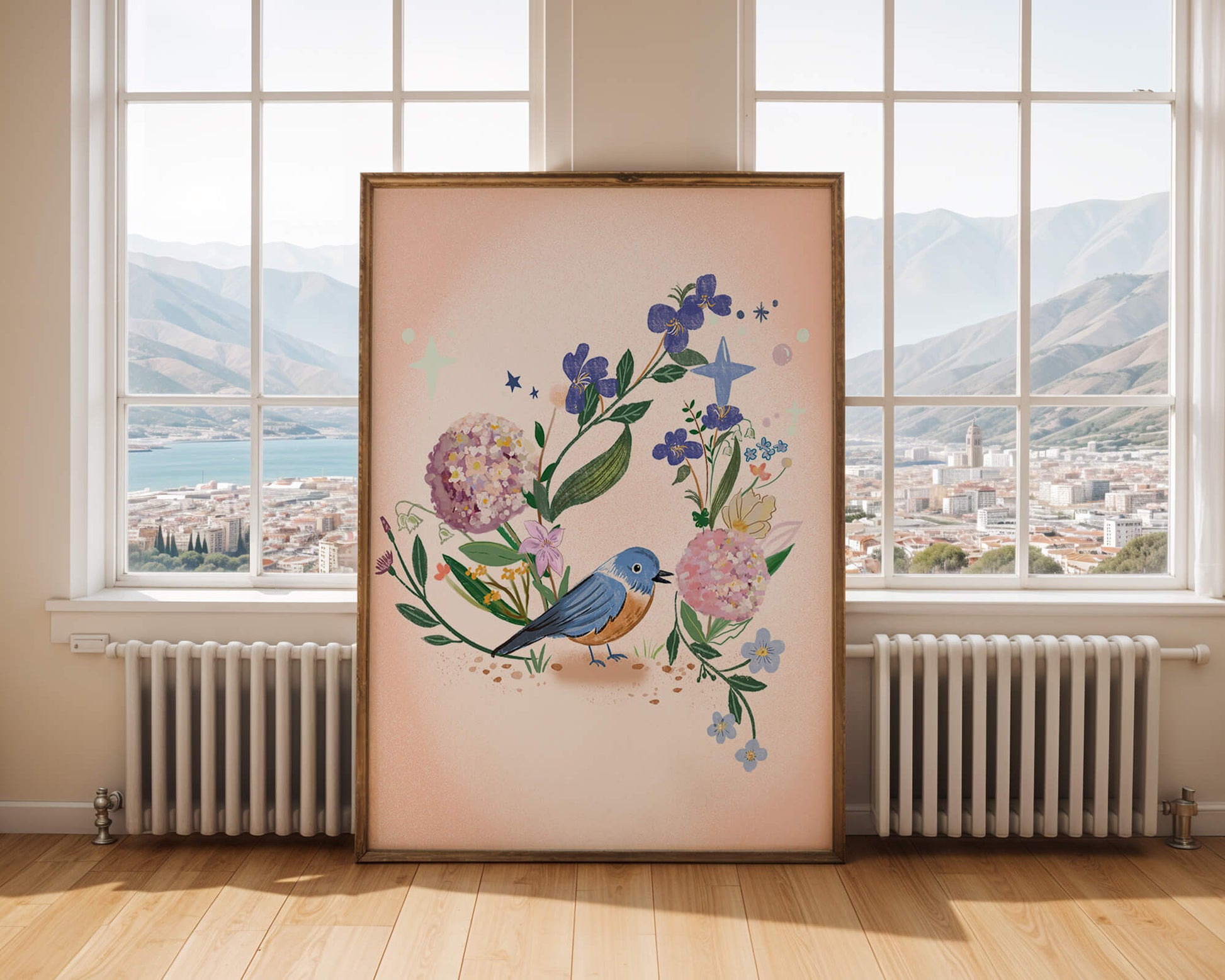 Delightful illustration of a bird amidst colorful flowers on a soft pink background