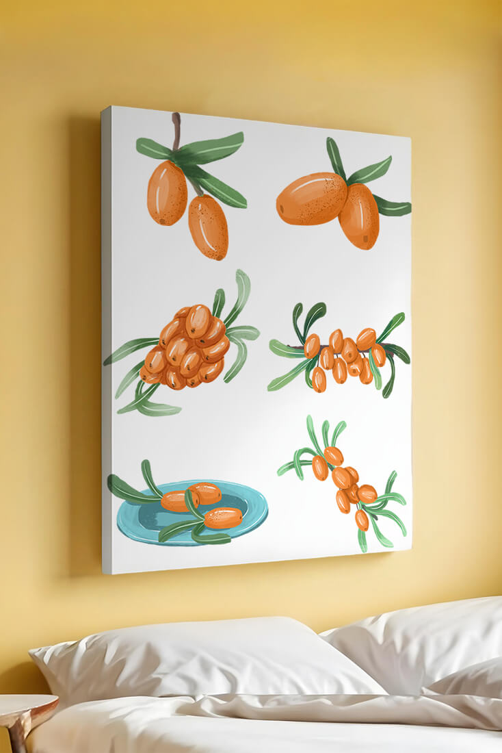 Illustrated sea buckthorn berries with leaves on black background