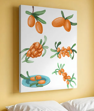 Illustrated sea buckthorn berries with leaves on black background