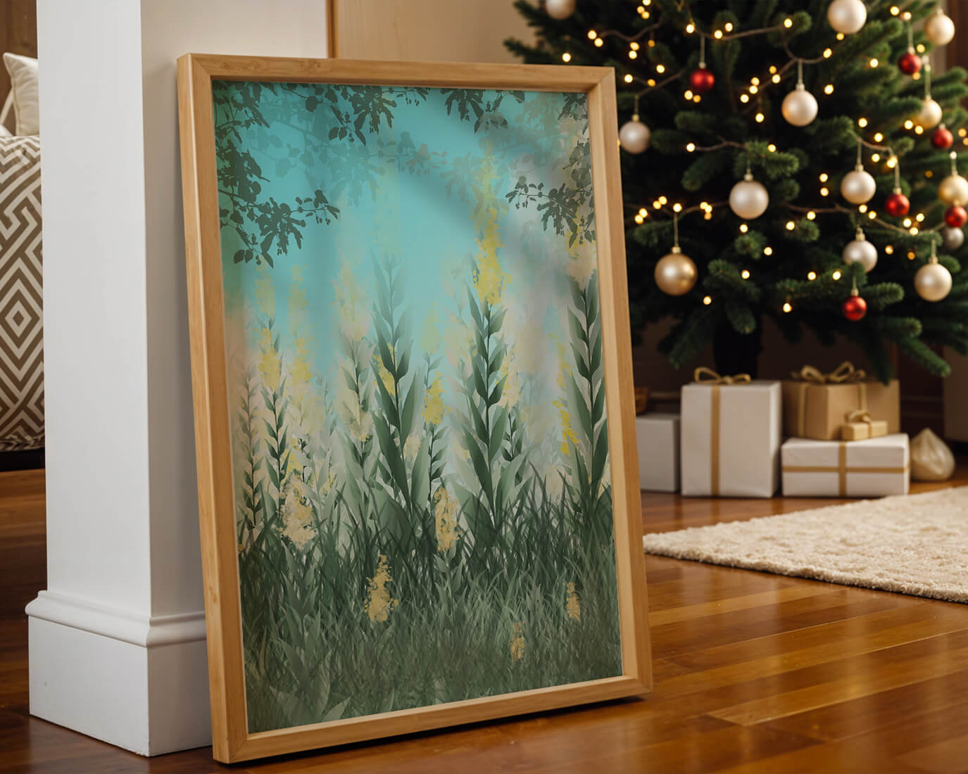 Jardín sereno con hojas verdes altas y flores amarillas bajo el cielo azul