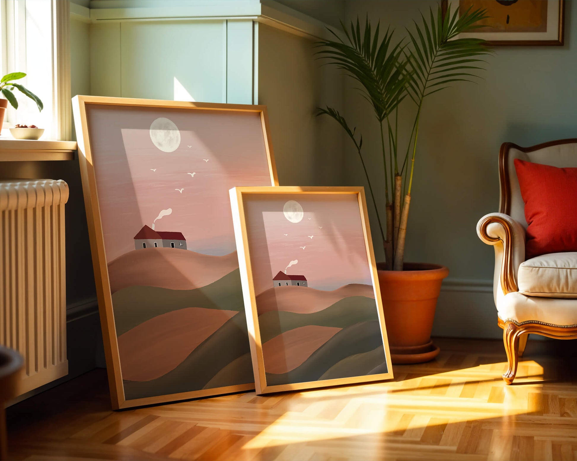 Casa en una colina rosa bajo la luna llena