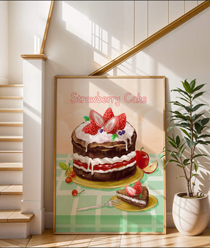 Delicioso pastel de chocolate y fresa con crema y frutas