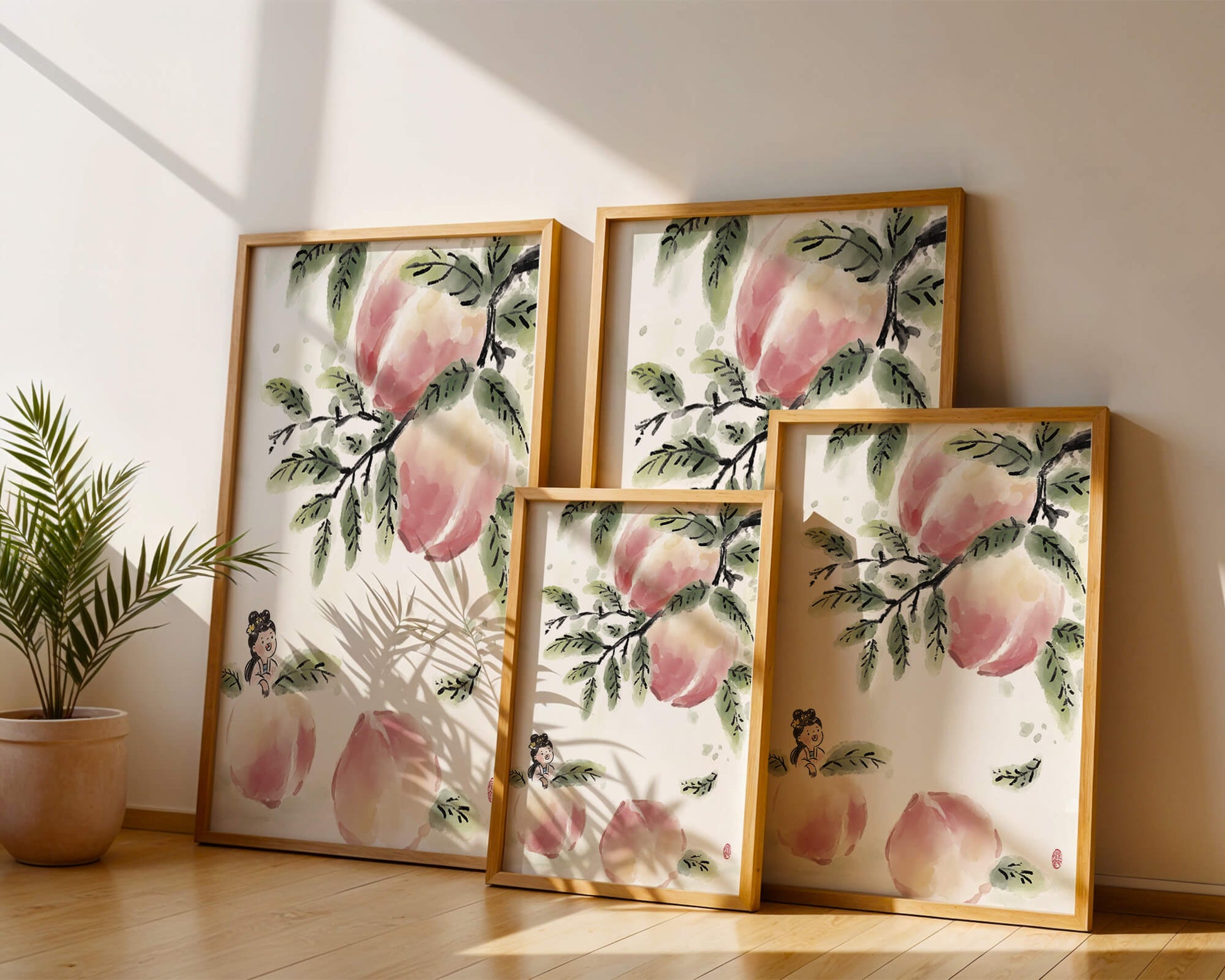 Encantadora ilustración de una chica entre flores de melocotón y hojas verdes