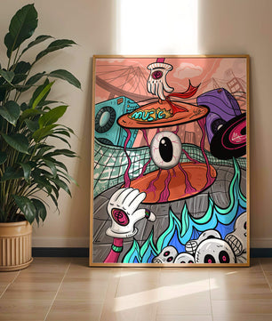 Ilustración abstracta surrealista colorida con un ojo vívido y elementos surrealistas