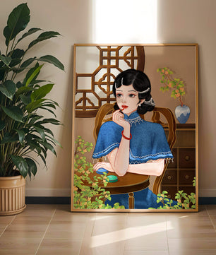 Elegant Woman in Traditional Chinese Setting with Blue Cape and Intricate Decor