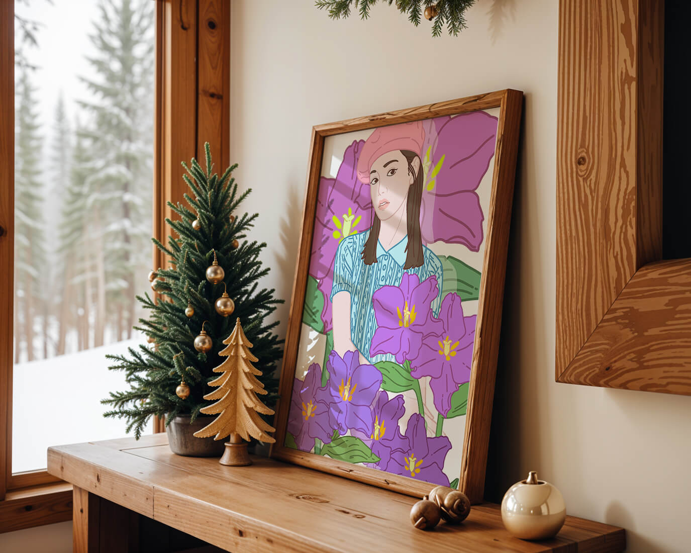 Ilustración de una joven con boina rosa y flores moradas