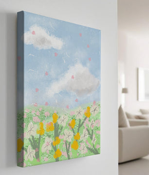 Paysage printanier avec nuages et fleurs