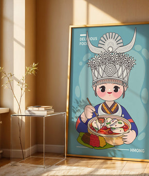 Charming illustration of a person in traditional attire enjoying a meal