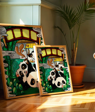 Ilustración de pandas encantadores disfrutando de helado bajo un puente de bambú