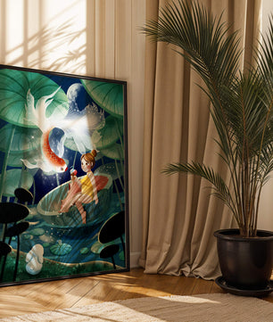 Illustration imaginative d'une fille avec un poisson et un lapin sous des nénuphars illuminés par la lune