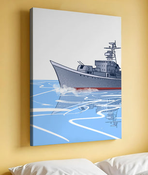 Illustrative depiction of a warship sailing on calm waters