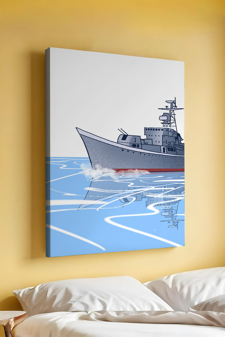 Illustrative depiction of a warship sailing on calm waters