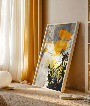 Abstract yellow and black watercolor splash with dynamic brushstrokes